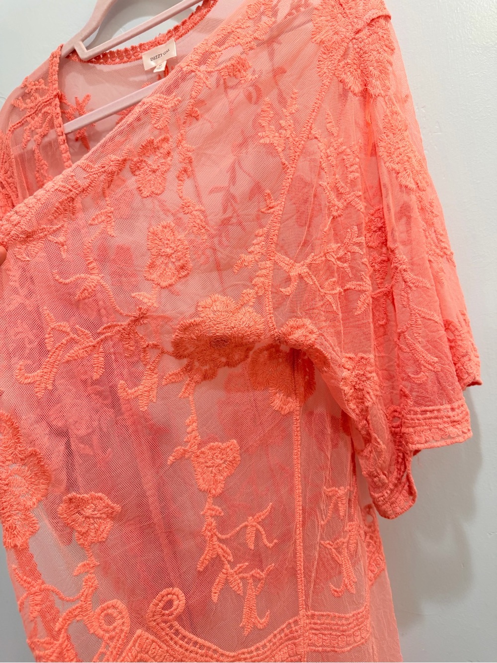 Dizzy Gal Coral Pink Floral Lace Sheer Mesh Long Kimono Duster Cardigan Medium - Picture 4 of 14